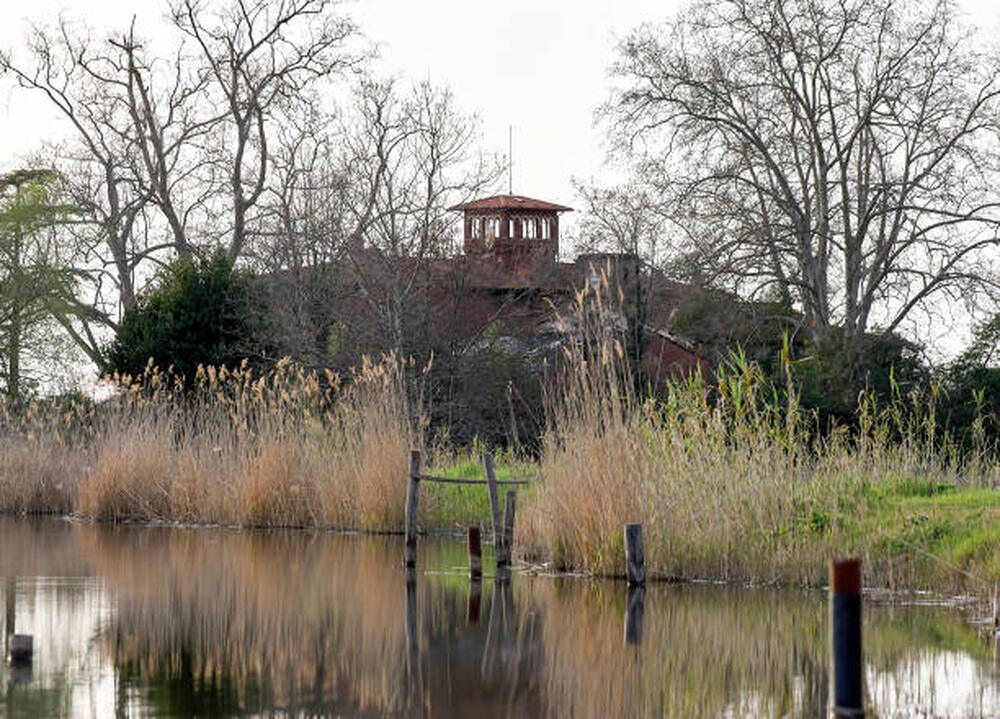 Villa sul lago tra gli alberi spogli d'inverno